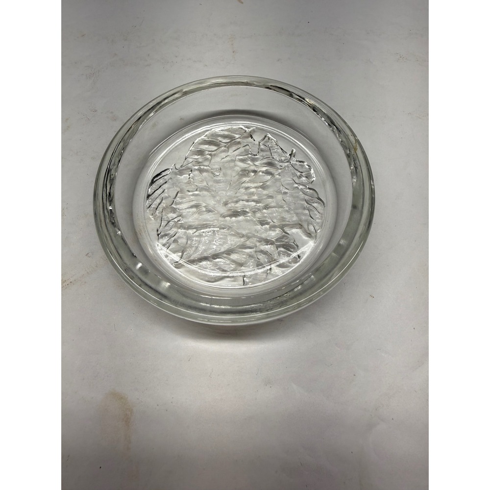 Vintage Clear Art Glass Trinket Dish Frosted Embossed Leaf Pattern Round Coaster